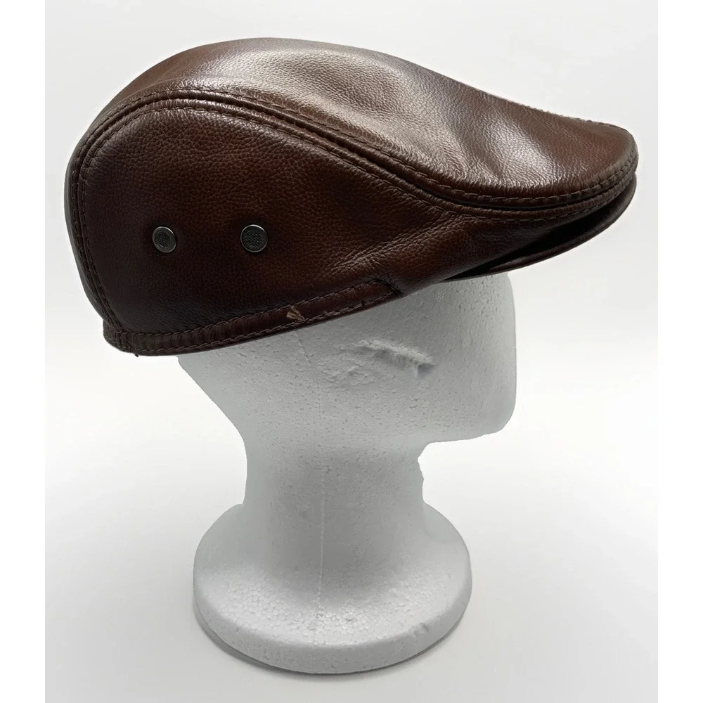 Vemolla Hat Brown Leather Cap Driving Newsboy Ear Flaps Mens Size XXL Vented